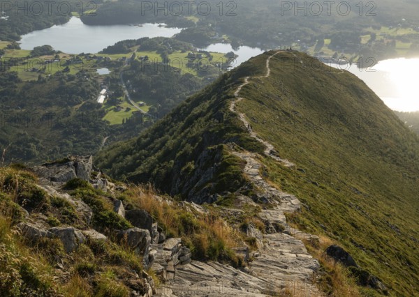 Upper section of the Rørsethornet stone staircase, with 3292 steps one of the longest continuous stone staircases in the world, Sherpatreppe or Midsundtreppe or Midsundtrappene, Rørsethornet hike, Otroya or Otrøya island, Møre og Romsdal, Norway
