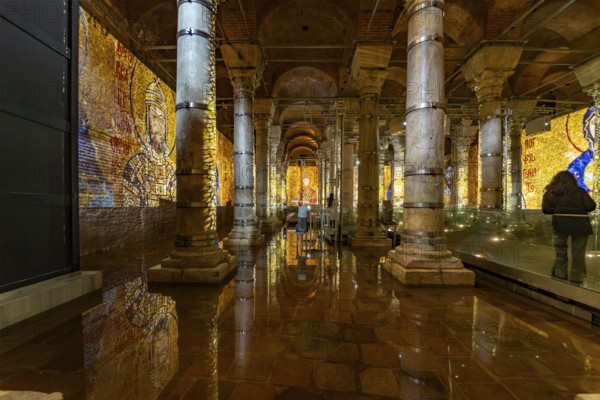 Light show in the historic Theodosius Cistern Serefiye Sarnici in Istanbul, Turkey