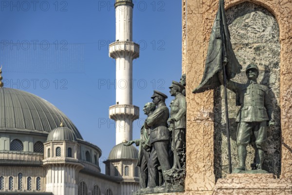 The Cumhuriyet Aniti Republic Monument and the Taksim Mosque on Taksim Square Taksim Meydani in Beyoglu, Istanbul, Turkey
