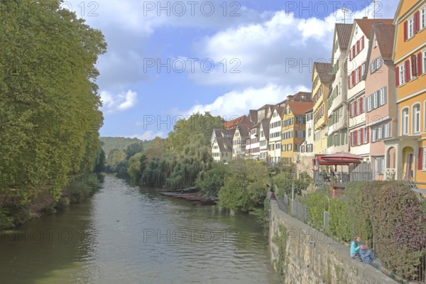 Colourful house front on the Neckar, house facade, Neckar bank, Neckar front, Neckar island, people sitting, floral decoration, Eberhardsbrücke, Tübingen, Neckar valley, Baden-Württemberg, Germany