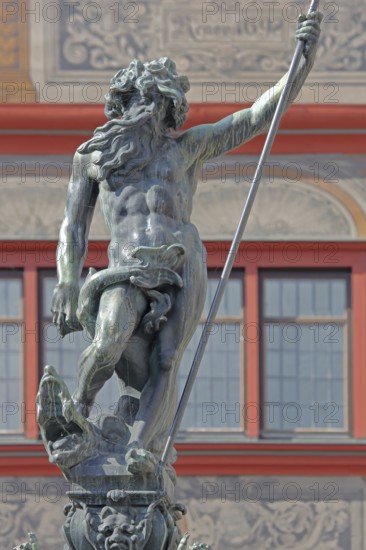 Sculpture Neptune Roman god of the sea with trident, detail, Neptune Fountain, Am Markt, Tübingen, Neckartal, Baden-Württemberg, Germany