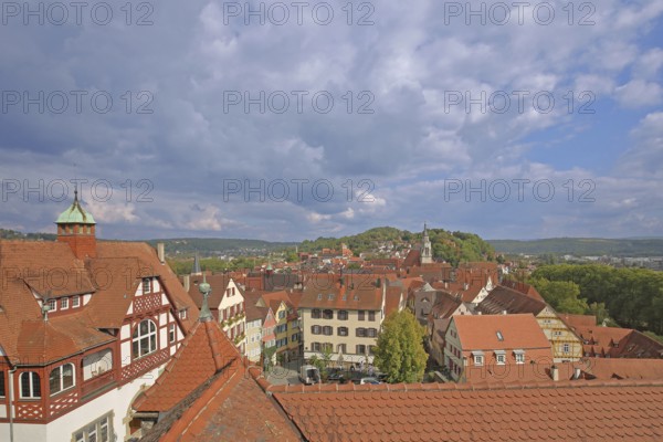 View from the castle to the cityscape with Villa Roigel - left, Tübingen, Neckartal, Baden-Württemberg, Germany