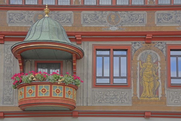 Pulpit with pulpit lid and wall painting with Greek goddess Athena, Athena for wisdom, decorations, Renaissance, house facade, window, detail, wall painting, art, town hall, Am Markt, Tübingen, Neckartal, Baden-Württemberg, Germany