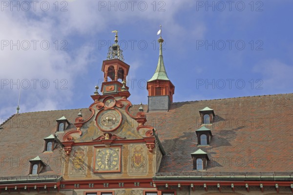 Astronomical clock on the gable of the town hall, Renaissance, decorations, wall painting, ridge turret, detail, Am Markt, Tübingen, Neckartal, Baden-Württemberg, Germany