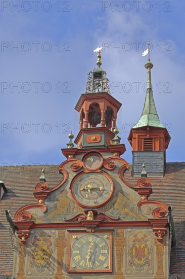 Astronomical clock on the gable of the town hall, Renaissance, decorations, wall painting, ridge turret, detail, Am Markt, Tübingen, Neckartal, Baden-Württemberg, Germany