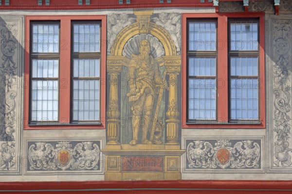 Mural with medieval count, Duke Eberhard in the Beard, Eberhard I of Württemberg with sword and armour, sword, inscription, decorations, painting, art, two windows, Renaissance, Town Hall, Am Markt, Tübingen, Neckar Valley, Baden-Württemberg, Germany