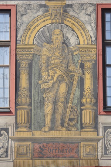 Mural with medieval count, Duke Eberhard in the beard, Eberhard I of Württemberg with sword and armour, sword, inscription, decorations, painting, art, town hall, Am Markt, Tübingen, Neckar valley, Baden-Württemberg, Germany