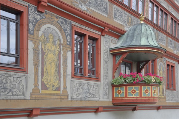 Pulpit and wall painting with ancient goddess Demeter for agriculture, decoration, Renaissance, house facade, window, detail, wall painting, art, town hall, Am Markt, Tübingen, Neckartal, Baden-Württemberg, Germany