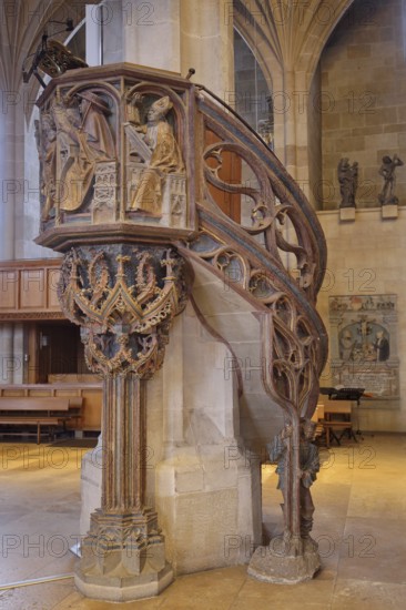 Gothic pulpit from 1509 with decorations, work of art, interior view, stonemasonry, stone, St George's, collegiate church, Tübingen, Neckar valley, Baden-Württemberg, Germany
