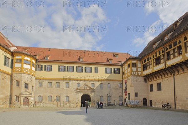 Inner courtyard of Hohentübingen Palace, half-timbered house with arcade, Museum Tübingen, Neckar Valley, Baden-Württemberg, Germany