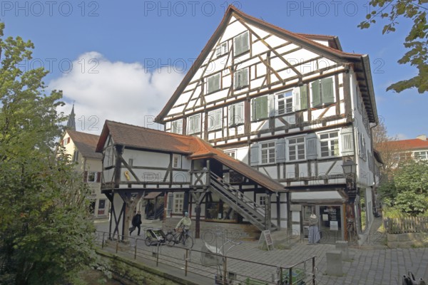Historic nunnery built in 1488 with staircase, half-timbered house, Tübingen, Neckar Valley, Baden-Württemberg, Germany