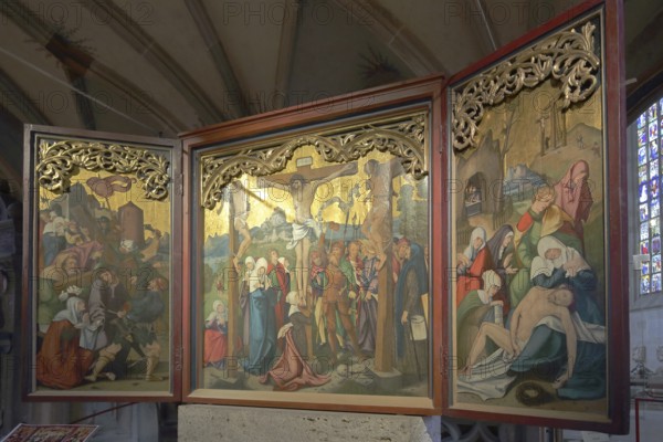 Late Gothic winged altar by painter Hans Schäufelin 1520, Carrying the cross, Passion, Crucifixion of Jesus, Death, Corpse, Lamentation, Mary Magdalene, Painting, Artwork, Interior view, St. George, Collegiate Church, Tübingen, Neckar Valley, Baden-Württemberg, Germany