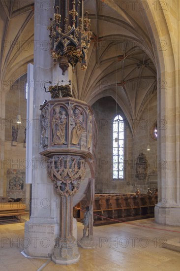 Gothic pulpit from 1509 with decorations and pulpit bonnet, sounding board, work of art, interior view, stonemasonry, stone, St George's, collegiate church, Tübingen, Neckar Valley, Baden-Württemberg, Germany