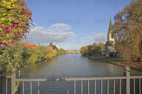 Collegiate Church of St Moriz built 14th century and Neckar with bridge railing and flower decoration, Neckar riverbank, river landscape, Rottenburg am Neckar, Neckar valley, Baden-Württemberg, Germany