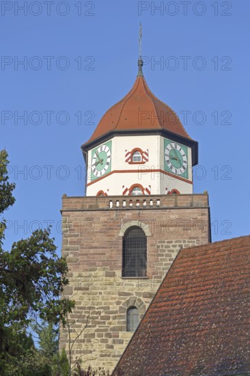 Historic Roman tower built in 1746, landmark, clocks, town tower, Haigerloch, Swabian Alb, Baden-Württemberg, Germany