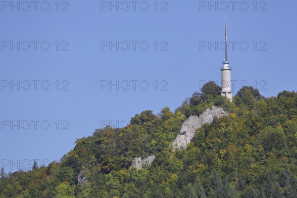 Lookout tower at the castle rock, rock cliffs, rocks, landscape, rock formations, mountain, forest, summit, Ebingen, Albstadt, Swabian Alb, Baden-Württemberg, Germany