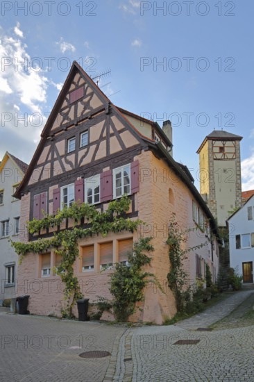 Half-timbered house and Kalkweiler Tor built 14th century, town tower, town gate, Staig, Rottenburg am Neckar, Neckar valley, Baden-Württemberg, Germany