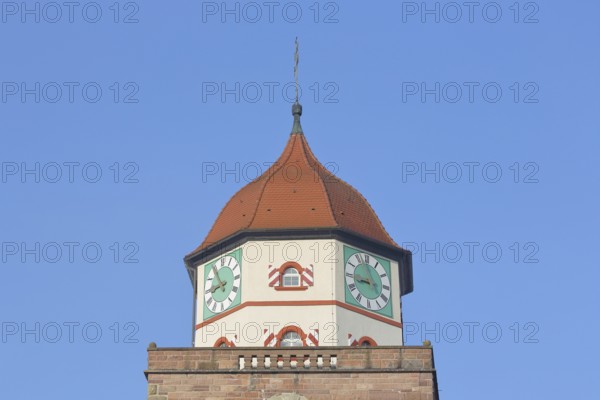 Historic Roman tower built in 1746, clocks, spire, detail, cut-out, town tower, landmark, Haigerloch, Swabian Alb, Baden-Württemberg, Germany