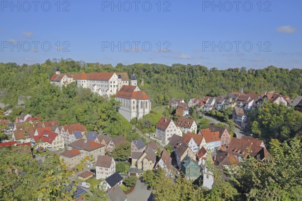 Castle and baroque castle church St. Trinitatis and townscape, mountain, valley, landscape, Haigerloch, Swabian Alb, Baden-Württemberg, Germany