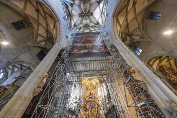 Church ceiling with elaborate scaffolding and artistic details, play of light emphasises the architecture, St. Nicholas Minster, Überlingen, Lake Constance, Germany