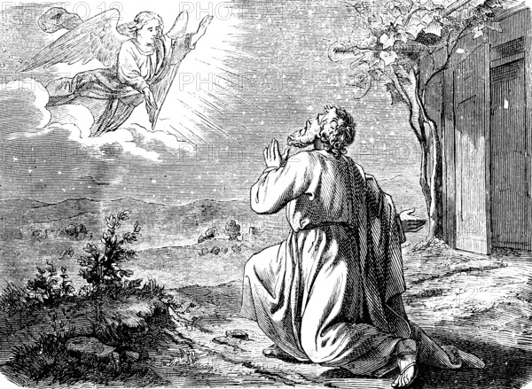 First Book of Genesis, Chapter 15, Genesis, God speaks to Abraham to count the stars in the sky, mountainous landscape, wooden hut, Old Testament, Bible, historical illustration 1877