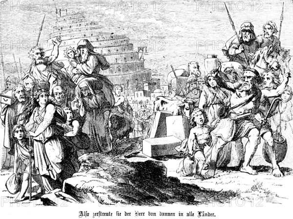 First Book of Moses, Chapter 11, Genesis, Tower of Babel, God drives the builders into all countries and gives them different languages, fear, flight, expulsion, crowd, Old Testament, Bible, historical illustration 1877