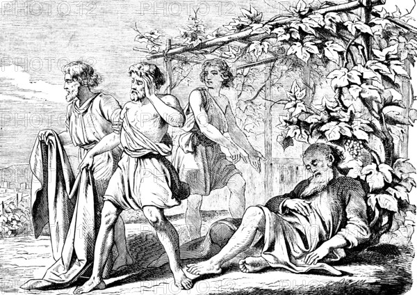 First Book of Genesis, chapter 9, Genesis, grape harvest, Noah drinks a lot of wine and falls asleep, his sons Shem, Ham and Japheth cover him, hut with grapevines, Old Testament, Bible, historical illustration 1877