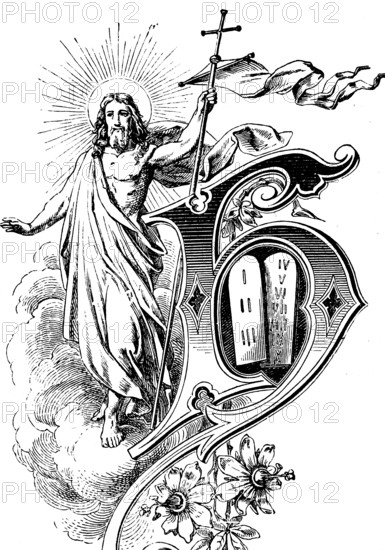 Jesus Christ with cross and halo, Moses tablets of the ten commandments, waving flag, floral ornamentation, Old Testament, Bible, historical illustration 1877