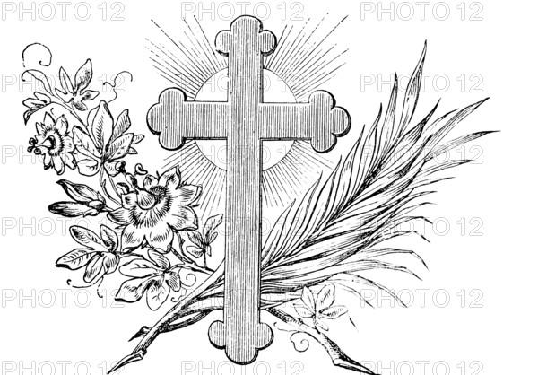 Christian symbols with cross, palm branch, floral ornamentation, halo, Old Testament, Bible, historical illustration 1877