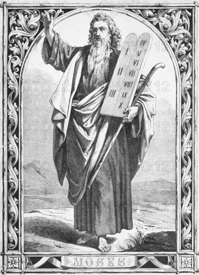 Exodus, Second Book of Moses, Moses with the tablets of the law of the Ark of the Covenant, ten commandments on two stone tablets, mountain world, stick, wide robe, ornamentation, inscription, Mount Sinai, Old Testament, Bible, historical illustration 1877
