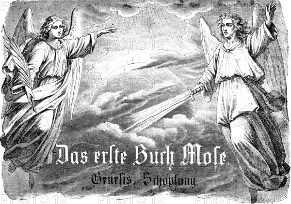 First Book of Moses, Genesis, creation story, two angels with sword and palm branch hovering over clouds, sunbeams, globe, In the beginning God created heaven and earth, Old Testament, Bible, historical illustration 1877