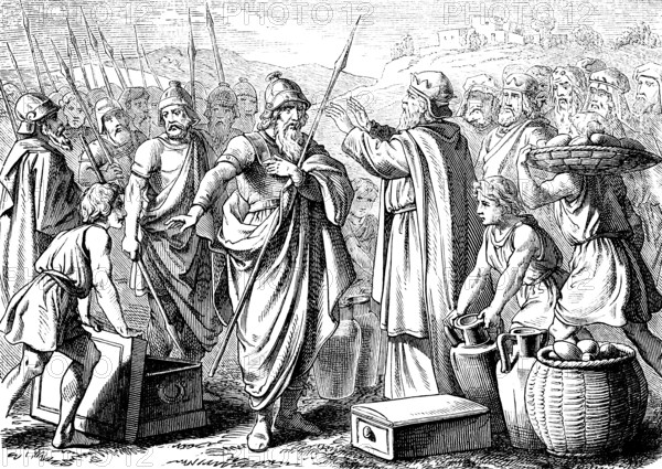 Genesis, chapter 14, Melchisedek, victorious battle at Damascus, king of Salem, blesses Abraham, armed soldiers, spears, kings, gifts, Old Testament, Bible, historical illustration 1877
