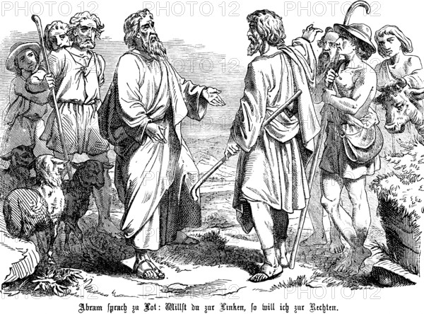 First Book of Genesis, Chapter 13, Genesis, Dispute between Lot and Abraham, Lot marches with his flock to Jordan, Abraham to Hebron, Old Testament, Bible, historical illustration 1877