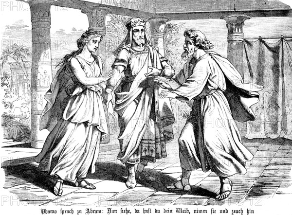 First book of Moses, chapter 12, Genesis, Abraham meets the Pharaoh in Egypt, palace, Old Testament, Bible, historical illustration 1877