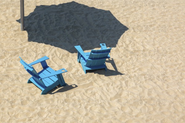 Teal blue wooden Adirondack chairs and casted shadow from parasol in fine tan sand, Clock Tower Beach, Old Port of Montreal, Quebec, Canada