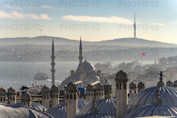 View over the roofs of the Süleymaniye Mosque to the New Mosque Yeni Cami and the Bosporus, Istanbul, Turkey