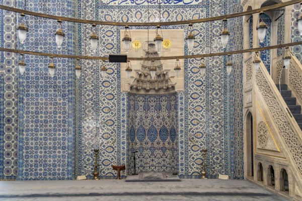 Blue Iznik tiles in the interior of the Rüstem Pasha Mosque in Eminönü, Istanbul, Turkey