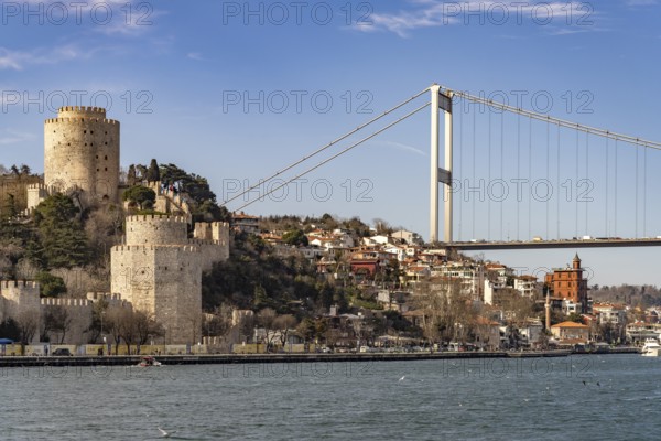 The Rumeli Hisari Fortress and the Fatih Sultan Mehmet Bridge over the Bosphorus in Istanbul, Turkey