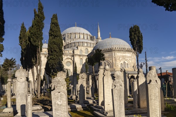 Cemetery with Ottoman gravestones in front of the Suleymaniye Mosque in Istanbul, Turkey