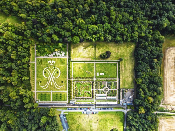 Top Down view over Gardens of Floors Castle from a drone, Duke of Roxburghe, Roxburghshire, Scotland, UK