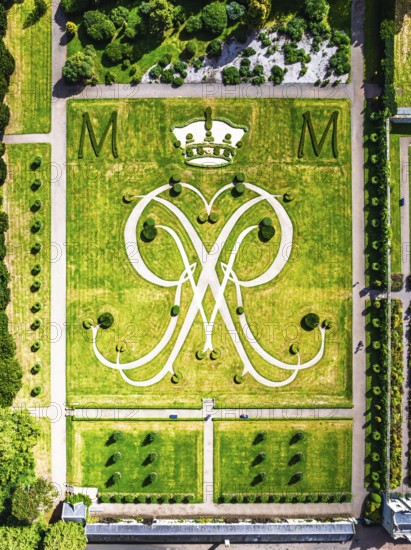 Top Down view over Gardens of Floors Castle from a drone, Duke of Roxburghe, Roxburghshire, Scotland, UK