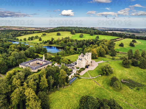Duns Castle Estate and garden from a dron, Duns, Berwickshire, Scotland, UK