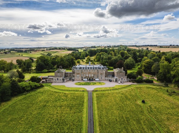 Marchmont House and garden from a drone, Marchmont Estate, Greenlaw, Berwickshire, Duns, Scotland, UK