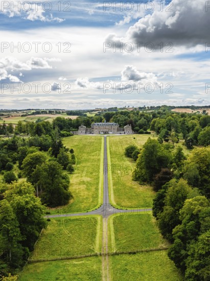 Marchmont House and garden from a drone, Marchmont Estate, Greenlaw, Berwickshire, Duns, Scotland, UK