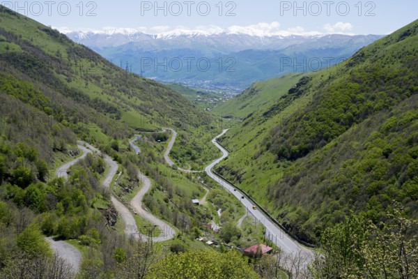A green wooded valley with winding roads snakes through the mountains in the distance, serpentine road H23, Lorikeet province, Bazum Mountains, Lesser Caucasus, Armenia