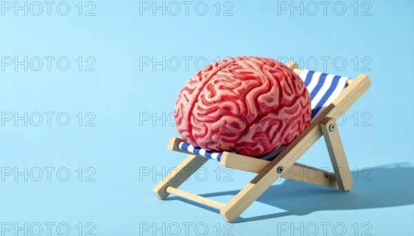 Brain relaxes on a sunbed under the summer sun, placed on a flat surface, symbol for mental health, AI generated