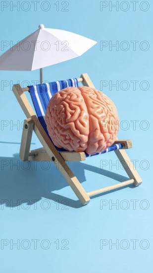 Brain relaxes on a sunbed under the summer sun, placed on a flat surface, symbol for mental health, AI generated