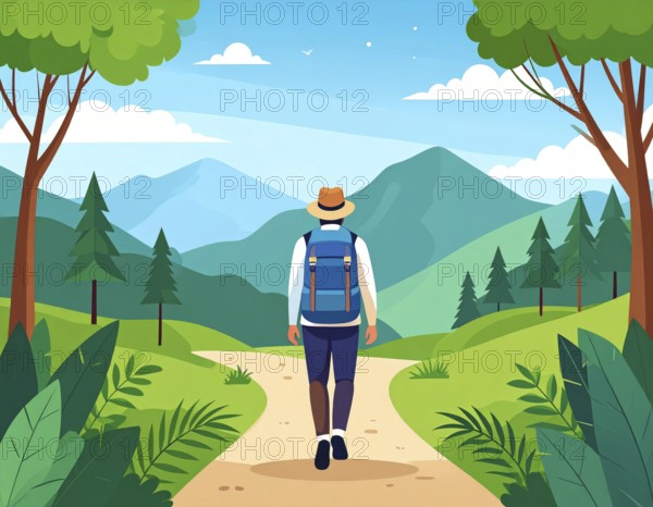 Traveling and hiking in mountain landscape, abstract vector illustration, AI generated image