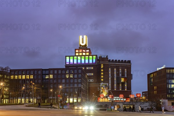 Dortmund landmark U, centre for art and creativity in the former Union Brewery at dusk, Dortmund, North Rhine-Westphalia, Germany