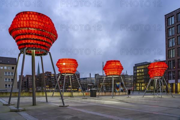 Illuminated sculptures of Dortmund roses in front of Dortmund's landmark U at dusk, Dortmund, North Rhine-Westphalia, Germany